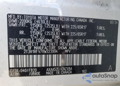 2024 Toyota Rav4 Le z USA, uszkodzony, nr VIN 2T3H1RFV7RW323994